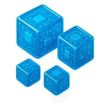 several cubes, each a different size, glossy circuit style sticker