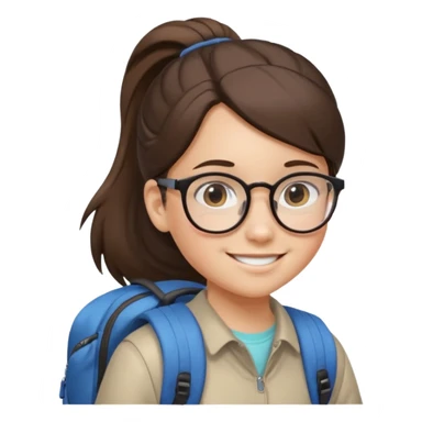 student brunet kid girl, ponytail wearing glasses with backpack sticker