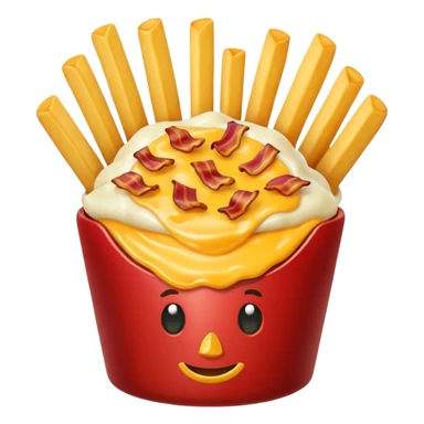 fries topped with melted cheese, bacon, and green onion sticker