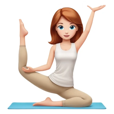 A Barbie girl with blue eyes, shoulder-length reddish-brown hair, made-up, wearing a white T-shirt and beige leggings, does yoga sticker