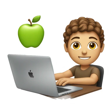 white person with brown hair in front of apple laptop on desk sticker
