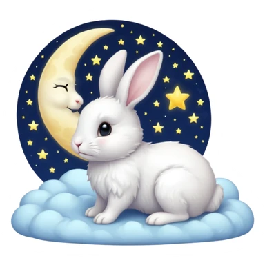 a white bunny in the foreground (no small details) and a large crescent moon in the background sticker