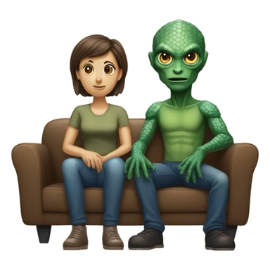 alien reptilian woman and humman man, sitting on a couch  sticker