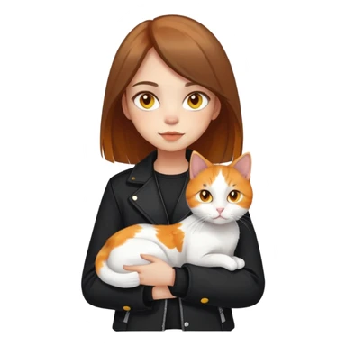 Light-skinned girl with brown straight hair wearing a black jacket, holding one pure white cat with bright yellow eyes and one calico cat with orange black and white patches sticker