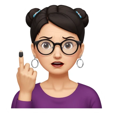 middle aged woman with dark hair pulled up in a high bun, wearing round ring earrings and glasses blocking her ears with her index finger, with a very painful expression on her face  because she cannot stand hearing a terrible singer who is too loud and out of tune.   sticker