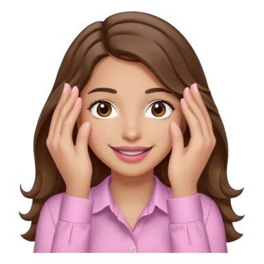 girl with wavy long brown hair, brown eyes, light to medium complexion, long lashes, light pink lipstick, wearing light pink shirt, smiling, hands covering both eyes sticker