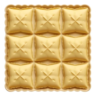 small square ravioli sheets with pale slightly yellow dough, delicately crimped edges, subtle central bump suggesting soft filling, smooth matte surface with light flour dusting, loose overlapping scatter, raw ravioli, soft lighting, subtle shadows, emoji scale sticker