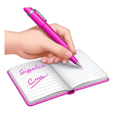 a hand writing a signature with a pink pen in a notebook sticker
