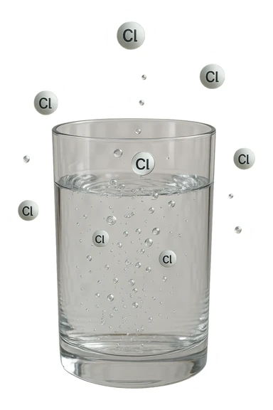 un bicchiere di acqua fluttua in aria realistico e dettagliato, dentro l'acqua del bicchiere ci sono particelle di cloro ben visibili con la scritta "Cl" sopra, ci sono particelle anche che escono dal bicchiere e fluttuano in aria verticalmente, mentre alcune sono all'interno dell'acqua nel bicchiere, iperrealistico 4k sticker