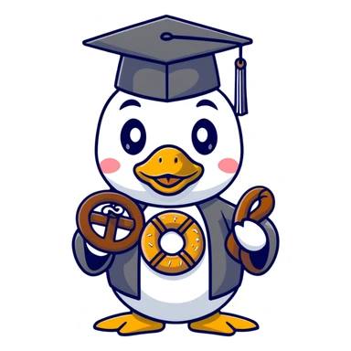 duck with bread graduation cap holding a pretzel sticker