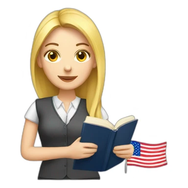 English teacher female with English book with Ukrainian and usa flags sticker