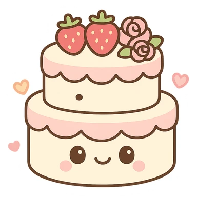 white wedding cake with strawberries, pink roses, no topper, kawaii style sticker