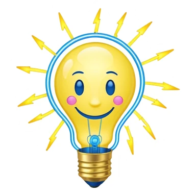 neon yellow lightbulb emoji with smiling face, rotating atom inside, chemical bubbles, electric blue lightning bolt on top, colors #FFD700, #00BFFF, #FF69B4, conveying youthful creativity and science sticker