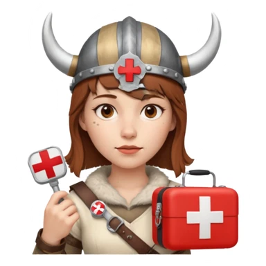 A young woman with short, chestnut-brown hair, styled in a Viking fashion and wearing a horned helmet. She holds a medical kit with a red cross icon in her hand. A stereoscope hangs around her neck. sticker