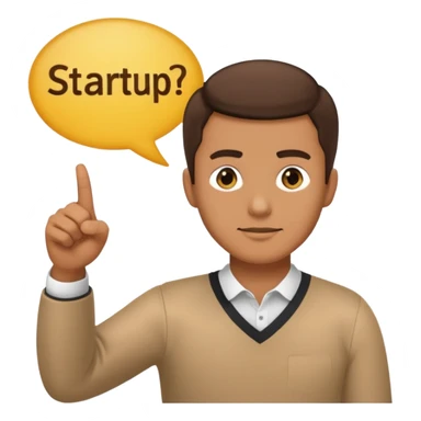a man pointing to a speech bubble with the word 'startup', emoji style sticker