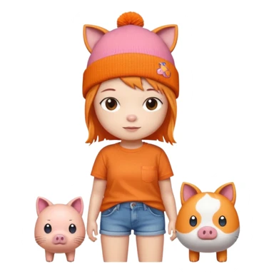 a colorful beanie, orange shirt with a cartoon pig and Japanese text, denim shorts, and accompanied by a small pixelated orange cat.  sticker