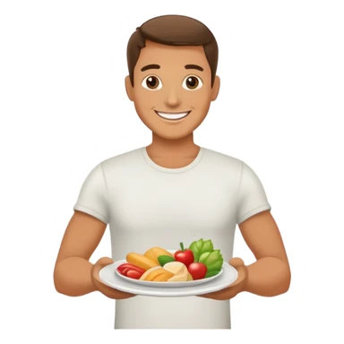 A plate with food items and a man smile behid sticker