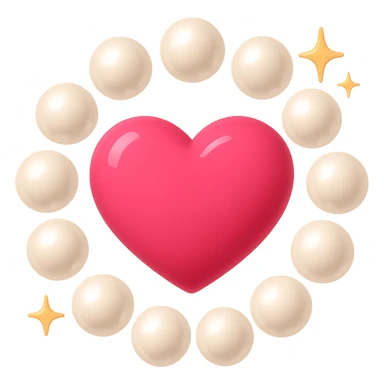 Create a pink heart surrounded by pearls in an emoji style. Add sparkles around the heart. The image should have no background. The style should resemble emoji style with bright colors and simple shapes. sticker