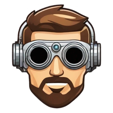 male cyborg head with brown short hair, brown beard, silver steampunk goggles and circuits sticker