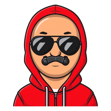 middle-aged man with minor hair growth on upper lip, black aviator sunglasses, red hoodie with hood covering head sticker