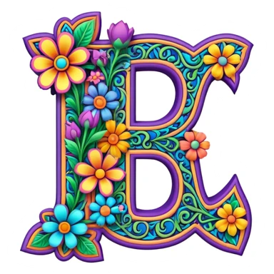 3D, gothic style psychedelic colored Letter “F” with hippie style flower border sticker