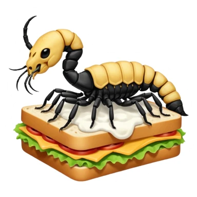 MAKE A SCORPION ON TOP OF A EHITE FLUFFY CLOUD THAT IS HOLDING A SANDWICH IN ITS CLAW AND LOOKING LIKE ITS EATING IT AND ITS NOT ON TOP OF THE SANDWICH ITS HOLDING IT AND NO SANDWICH UNDER ITS FEET sticker