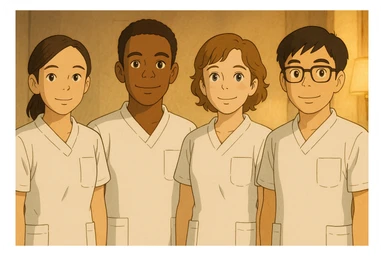 Four nursing students standing side by side, inspired by four referenced faces, in Ghibli style, wearing short-sleeved white medical uniforms without collars, no undershirts or stethoscopes. The tops are medical tunics with V-neck collars and a left chest pocket. Warm indoor ambiance. sticker