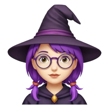 purple haired girl with round glasses and a witch hat sticker