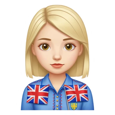 A Ukrainian girl wearing an embroidered shirt holds a British flag sticker