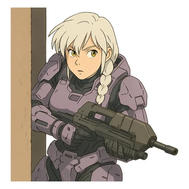 female, wearing reach spartan armor default, long white braid hair with massive messy front side single bangs, gold yellow eyes, attention pose, HALO:series, no helmet, the armor is lavender color scheme, shoulder pad off. DDD bust size fitting. Punk gothic cyberpunk, peeking around a corner while aiming a classic HALO1 AR sticker