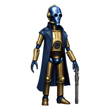 well-equipped jedi first order human-sized darkblue-pearl C3po as a friendly bounty hunter droid wearing a leather attire old west duster coat holding light saber ready to fight but relaxed. antiqued sticker