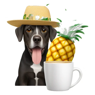 Dog wearing a hat with pineapples on it and a coffee cup  sticker