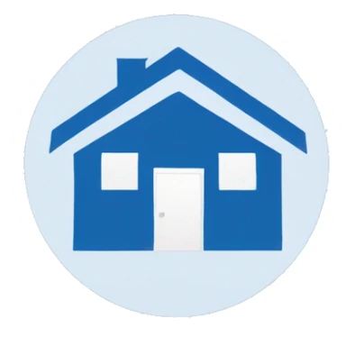 simple white home icon on blue plain round background for website sticker