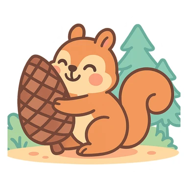 squirrel hugging a giant pine cone, forest kawaii illustration, pastel-toon style sticker