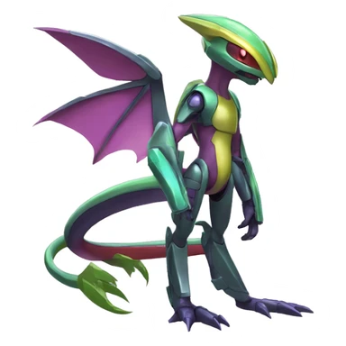 a shiny Genesect-Flygon-Raptor-Fakémon—hybrid with a futuristic visor-helmet full body sticker
