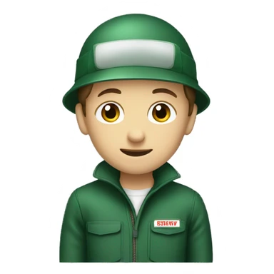 A BOY WEARING DARK GREEN COVERALL WITH BROWN SAFETY HELME sticker