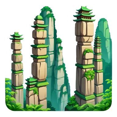 Zhangjiajie Avatar mountains, simplified emoji style with bold outlines and bright colors, cartoon style tall stone pillars with greenery sticker