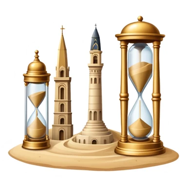 icon featuring ancient scrolls, quill pen with famous historical landmarks and monuments in the background. Large, antique sand clocks with sand pouring out represent the passage of time. Historical figures are depicted as statues. Transparent background. sticker