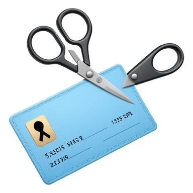 Floating black Scissors cutting a light blue military ID card in 2 parts .hyper realistic sticker