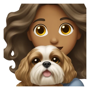 Young dark brunette medium kin hair woman with a golden shih tzu in her arms long wavy hair sticker