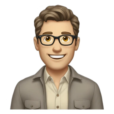 Joyful Pale skinned Fit Man With dark brown hair in gray jacket, beige office shirt, Brown pants and vintage glasses. His thrumbs up sticker
