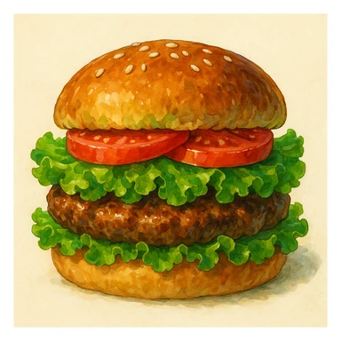 realistic hamburger with lettuce and tomato, vibrant colors, detailed textures, appetizing look, white background sticker
