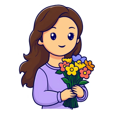 A cool girl with long brown hair and fair skin holding a bouquet of flowers sticker
