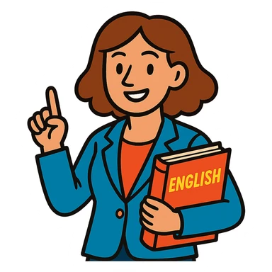woman English teacher with brown hair, holding a book, vibrant toon style sticker