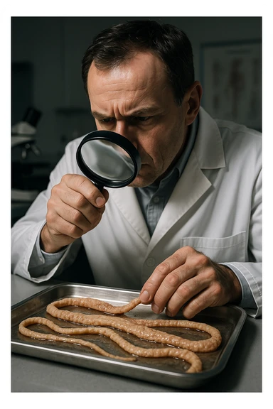 A middle-aged male kinesiologist wearing a pristine white lab coat, intensely analyzing long, beige tapeworms (like Taenia) under a magnifying glass. His expression is focused and slightly concerned, with dramatic studio lighting casting sharp shadows. The parasites are highly detailed, moist, and textured, stretched across a sterile metal tray. The background is blurred but suggests a clinical environment—hints of a microscope, medical charts, and clean lab equipment. The style is hyper-realistic, with a cinematic contrast between the bright white coat and the grotesque, organic forms of the parasites. No sci-fi elements, just raw medical realism with a disturbing edge sticker