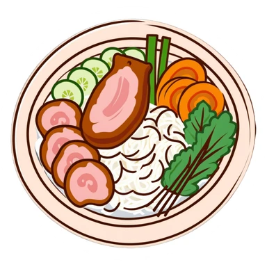 A Vietnamese Bún Thịt Nướng dish with rice noodles, grilled pork, fresh herbs, and vegetables in a bowl sticker