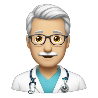 a white doctor with gray hair on the sides. bald in the middle, with glasses and a mustache and blue eyes sticker