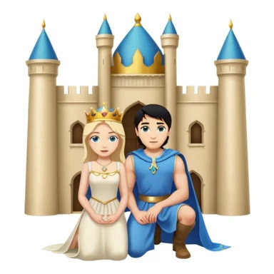 Man as king, standing, black Hair, blue eyes, woman, blonde, green eyes, shott white sleveless Dress, kneeling, background palace sticker