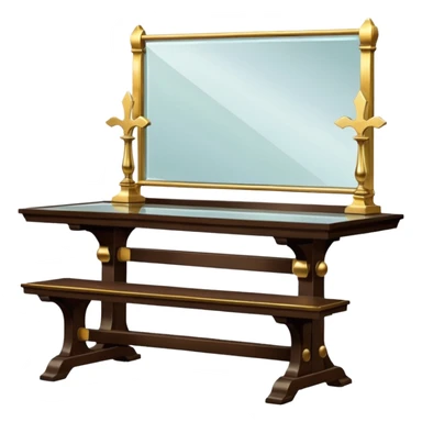 A glass topped rectangular trestle table with a bench on each long sided  and a high-backed throne on each short side sticker
