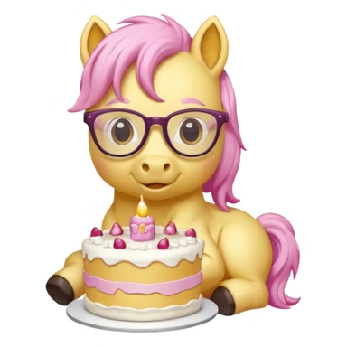 yellow pony white pink mane wearing glasses and eating a cake sticker